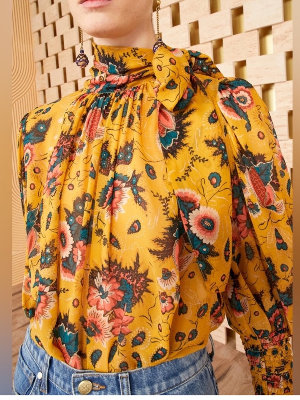 Ulla Johnson Yellow Floral High-Neck Tie Blouse
